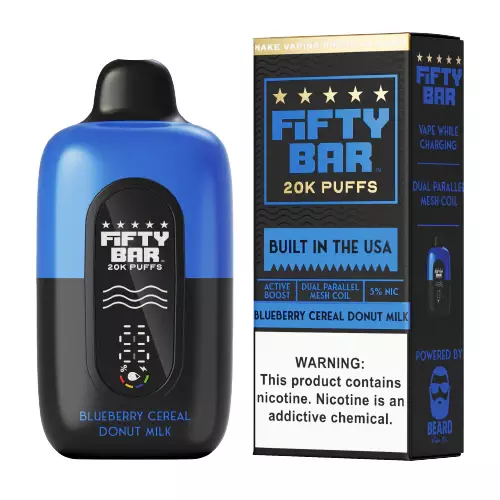 Fifty Bar Built in USA 20k puffs 5ct - Blueberry Cereal Donut Milk Fifty Bar Built in USA 20k puffs 5ct - Blueberry Cereal Donut Milk